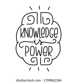 Knowledge is power education and intelligence quote vector design with lettering phrase and brain structure top view clipart. Short saying about benefit of being smart.