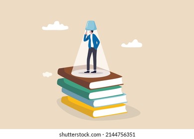 Knowledge is power, education or wisdom help solving problem, creativity, intelligence and innovation to develop solution concept, educated man stand on books staking turn on light bulb on his head.