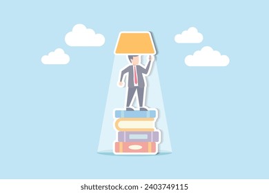 Knowledge is power, education or wisdom help solving problem, creativity, intelligence and innovation to develop solution concept, educated man stand on books staking turn on light bulb on his head.