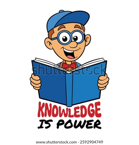 Knowledge is Power Quote Typography T-Shirt Design, Happy Child Reading a Book Illustration, gaining knowledge through education, inspiring learning, positivity, and growth.