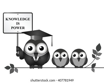 Knowledge is power sign with bird teacher and students perched on a branch isolated on white background  with copy space for own text