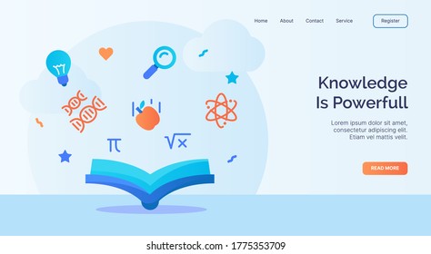 Knowledge is powerfull open book atom dna icon campaign for web website home homepage landing template banner with cartoon flat style.