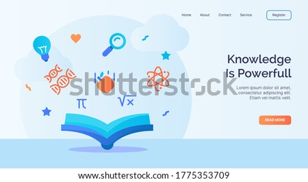 Knowledge is powerfull open book atom dna icon campaign for web website home homepage landing template banner with cartoon flat style.