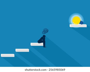 Knowledge problems. Sad businessman at the gap between the steps with light bulbs