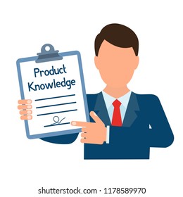 Knowledge Of The Product. White Background. Flat Design.