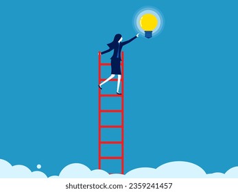 Knowledge in professional development. Businesswoman climbs a ladder to grab a light bulb 