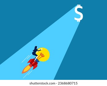 Knowledge is profit. businesswoman rides a rocket bulb heading towards the Money Hole with a beam of light