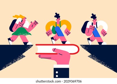 Knowledge, reading books, Education concept. Young positive smiling children walking on huge book above gap in human hand feeling confident with knowledge vector illustration 