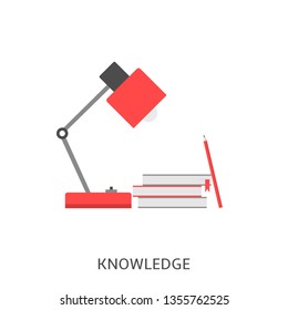 Knowledge. Red lamp, books and pencil isolated Vector illustration