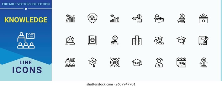 Knowledge related icon set. It contains symbols to school, graduation, student, learning, university and more. Academy line icon set. Minimal thin line web icons set. Editable vector.