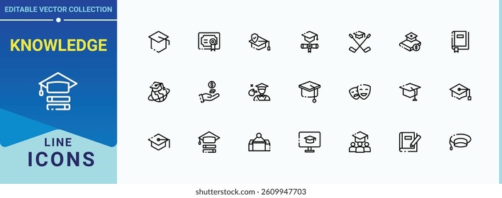 Knowledge related icon set. It contains symbols to school, graduation, student, learning, university and more. Academy line icon set. Minimal thin line web icons set. Editable vector.