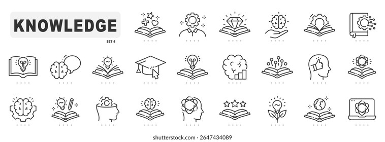Knowledge related line icons. Education, brain, memory, learning etc. Editable stroke