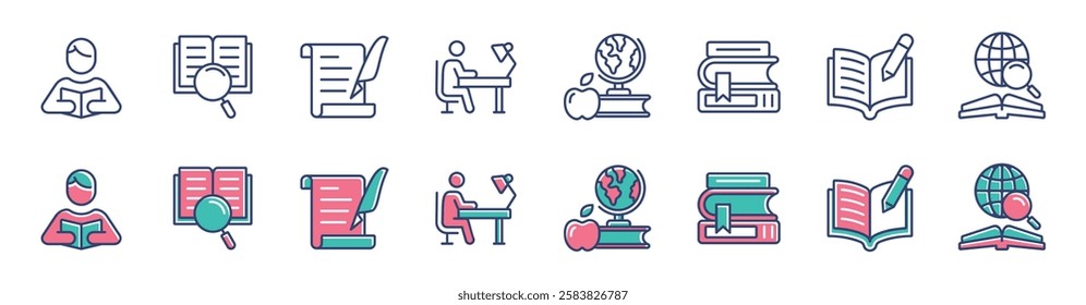 knowledge research cognition icon line set education study journal literature learning  book library signs vector illustration for web and app