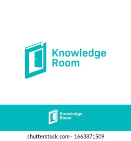 Knowledge room book logo with creative open door icon symbol into inside room library literature study university education logo