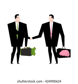 Knowledge sale. Transaction exchange money on idea. Thoughts change for cash. Suitcase with dollars. Keys to brain. Handshake of two businessmen. Business deal
