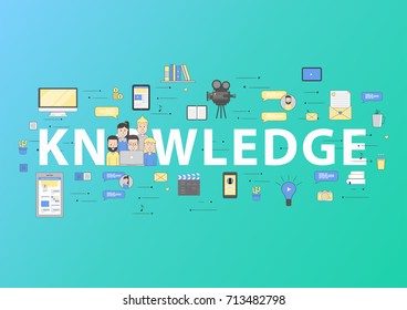 Knowledge school and university education and teaching concept. Creative infographic banner with modern lettering and elements in thin line style. Vector illustration for brochure, header.