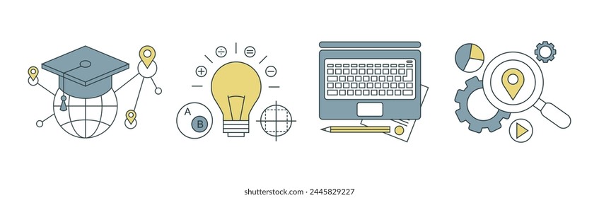 Knowledge and Science Creative Process Thin line Flat Icon Vector Set