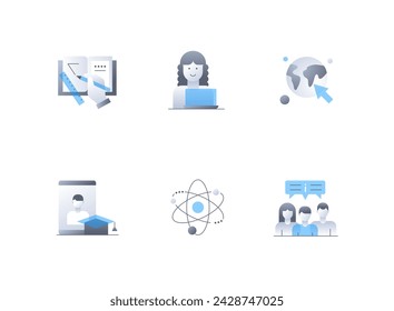 Knowledge and science - flat design style icons set. High quality colorful images of geometry and drawing in the textbook, student at the computer, online school, atom and group communication idea