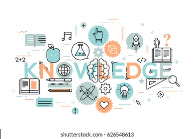 Knowledge, Science, School And University Education And Teaching Concept. Creative Infographic Banner With Modern Lettering And Elements In Thin Line Style. Vector Illustration For Brochure, Header.