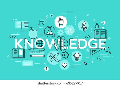 Knowledge, science, school and university education and teaching concept. Creative infographic banner with modern lettering and elements in thin line style. Vector illustration for brochure, header.