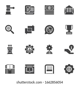 Knowledge, science vector icons set, modern solid symbol collection, filled style pictogram pack. Signs, logo illustration. Set includes icons as law gavel, finance, physics, art design, journalism