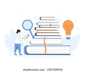 Knowledge. Scientific research. Education and learning. Student with books. Exam preparation. Vector color line art flat illustration.