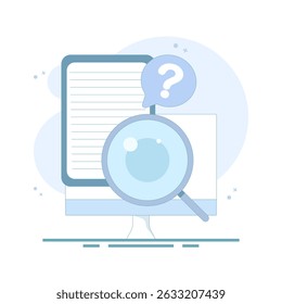 Conceito de pesquisa de conhecimento. Procurar informações e fatos aprendidos. estudo de caso, pesquisa de informações comerciais, análise de recursos do produto. Documento com lupa. ilustração de design plano.