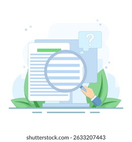 Conceito de pesquisa de conhecimento. Procurar informações e fatos aprendidos. estudo de caso, pesquisa de informações comerciais, análise de recursos do produto. Documento com lupa. ilustração de design plano.