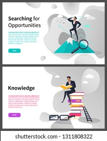 Knowledge and searching for opportunities web page vector. Businesswoman on top of mountain and pile of books, ladder and glasses, successful business