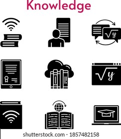 knowledge set. included cloud, tablet, study, audiobook, student-laptop, homework, maths, book, learning icons. filled styles.