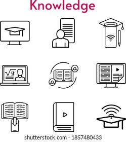 knowledge set. included feedback, study, professor, smartphone, ebook, cap, student-desktop icons. linear styles.