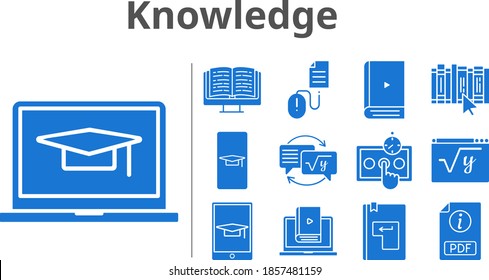 knowledge set. included student-smartphone, pdf, student-laptop, ebook, test, learn, homework, maths, book, student-tablet, enter, click icons. filled styles.