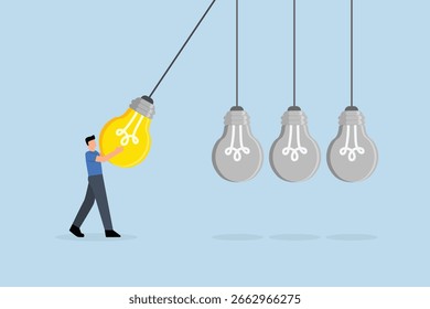 Knowledge sharing, business manager pulls light bulb into pendulum to convey information
