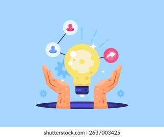 knowledge sharing concept. providing solutions, thoughts, creative and brilliant ideas. education and inspiration. illustration of a hand with a lamp. flat style design. elements