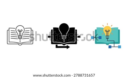Knowledge sharing and idea generation icon set showing lightbulb and book for creative thinking and educational development in modern vector illustration style for business and technology websites