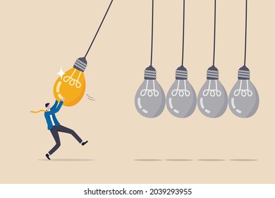 Knowledge sharing or skill transfer to inspire team, idea or creativity to motivate people or career improvement concept, businessman manager pull bright lightbulb as pendulum to transfer knowledge.