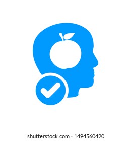 Knowledge sign. Brain and apple icon with check sign, approved, confirm, done, tick, completed symbol