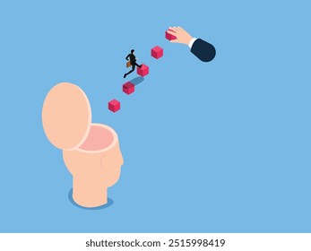 Knowledge or skill to achieve success, motivation or  businessman build growing stair from his head 3d isometric vector illustration