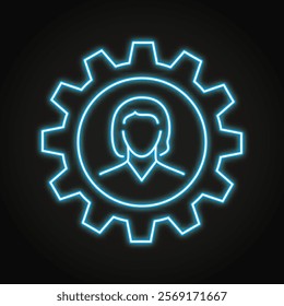 Knowledge and skills neon icon. Person inside a cogwheel. Part of a system, technical staff. Vector illustration