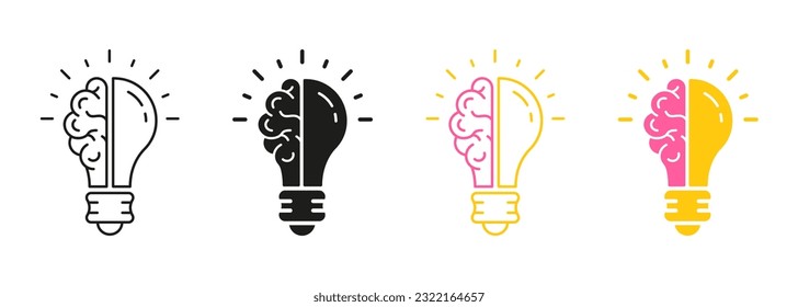 Knowledge, Smart Solution Line and Silhouette Color Icon Set. Light Bulb and Human Brain Pictogram. Inspiration, Creative Idea Symbol Collection on White Background. Isolated Vector Illustration.