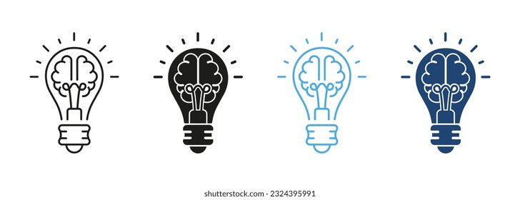 Knowledge, Smart Solution Line and Silhouette Color Icon Set. Light Bulb and Human Brain Pictogram. Inspiration, Creative Idea Symbol Collection on White Background. Isolated Vector Illustration.