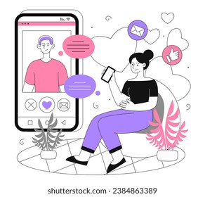 Knowledge in social networks line concept. Woman watch video in social media and video hosting. Useful and interesting content. Character with online information. Linear flat vector illustration