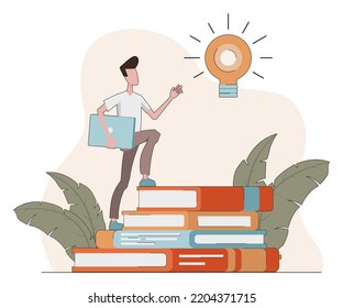 Wissenstreppe. Ein Mann geht die Stufen der Bücher zur Glühbirne hinauf