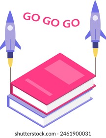 Knowledge startup, forward to knowledge, rocket pulls up books. Vector, design illustration. Vector.