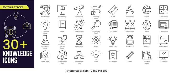 Knowledge Stroke icon collections. Containing Knowledge, E-Learning, Library, Innovation, friends, Learning Path, Document, Certificate, and more icons. Editable Stroke icon collection Outline icon