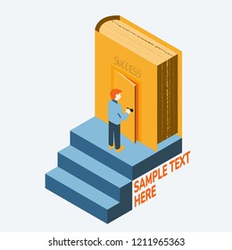 Knowledge and success concept in isometric cartoon, Steps to opendoor on the book