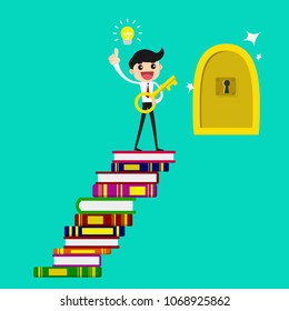 Knowledge is success key. Businessman standing on the book try to unlock the door by a key. vector illustration. 