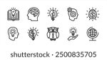 Knowledge thin line icon set. Containing book, mind, thinking, cognition, brain, light bulb, education, globe, owl, creativity, idea, imagination, intelligence, clever, genius. Vector illustration