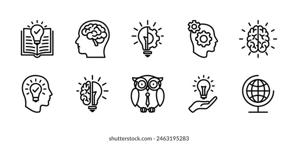 Conjunto de iconos de línea fina de conocimiento. Contiene libro, mente, pensamiento, cognición, cerebro, bombilla, educación, globo, búho, creatividad, idea, imaginación, inteligencia, inteligente, genio. Ilustración vectorial