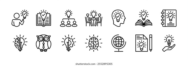 Knowledge thin line icon set. Containing cognition, inspiration, creative, idea, brain, brainstorm, light bulb, clever, innovation, intelligence, globe, education, creativity, thinking, smart, book